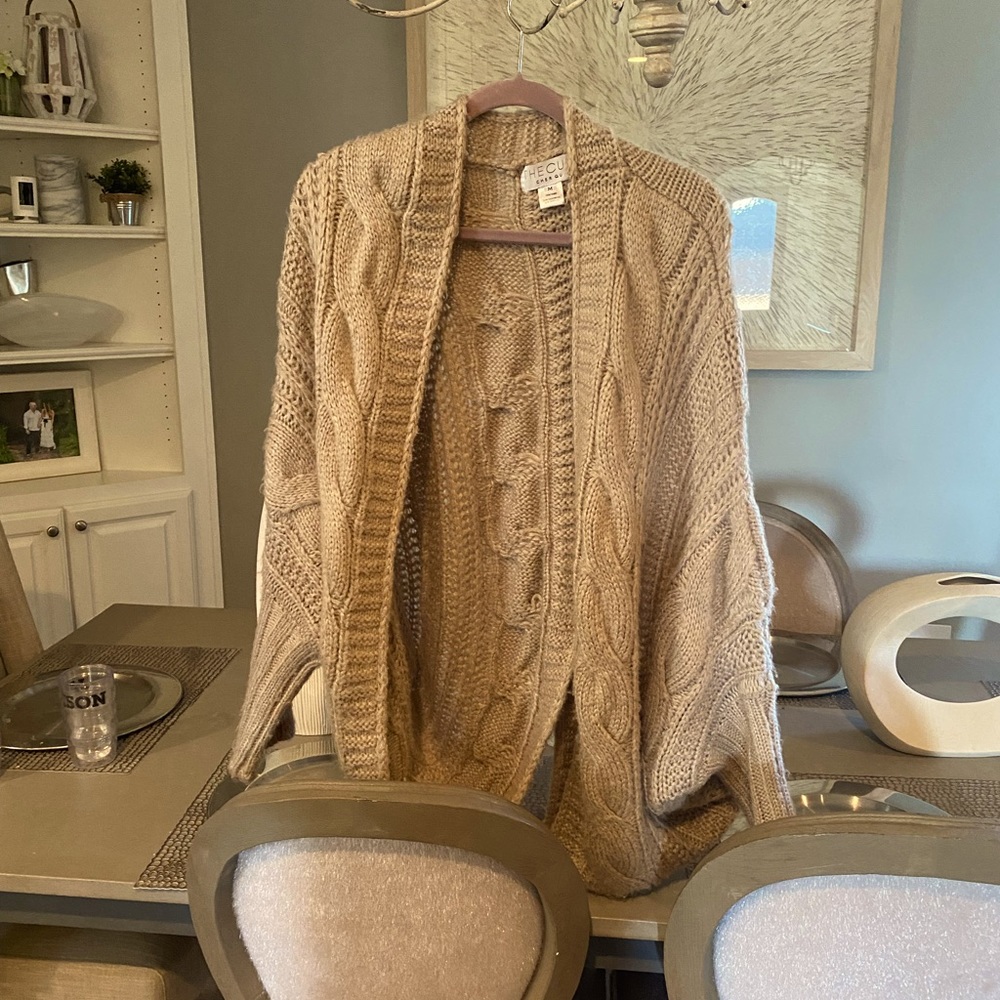 Tan 50 percent cashmere cable knit cardigan made by The Cue.